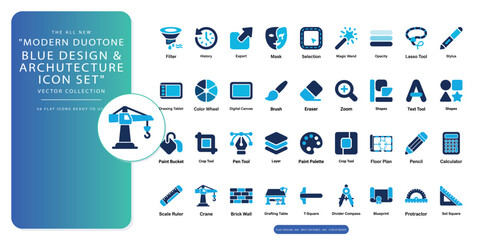 Elite premium duotone blue cities and architecture icon compendium featuring 36 intricately crafted vector symbols including skyline, skyscraper, landmarks and urban infrastructure elements © M
