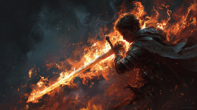 Europe medieval lifestyle. A vivid portrayal of a warrior in a dynamic battle scene. The warrior, clad in dark armor, wields a long, fiery sword. The sword emits a bright orange and yellow glow.