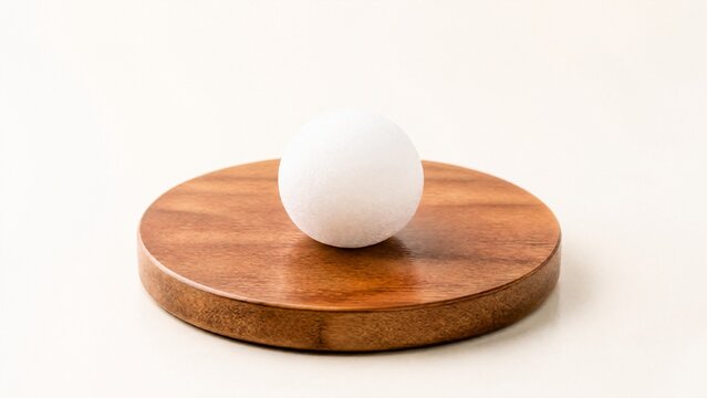 White camphor ball on wooden coaster, simple household freshness concept.