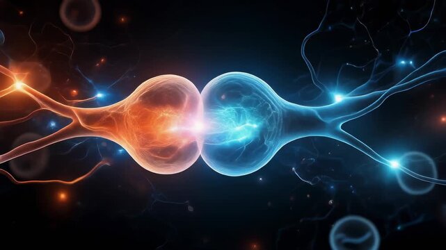 Close up of glowing neurons transmitting electric signals in a mesmerizing synapse connection