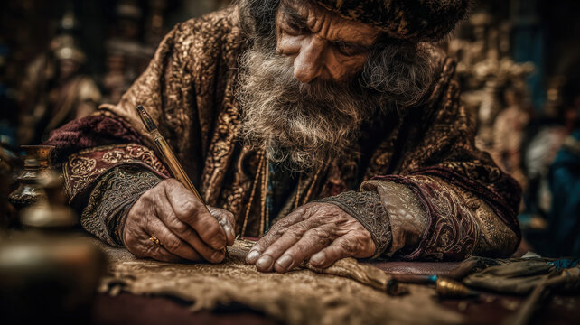 Europe medieval lifestyle. A detailed, closeup portrait of an elderly man with a long, white beard and mustache, wearing a richly patterned robe with intricate gold and red embroidery.