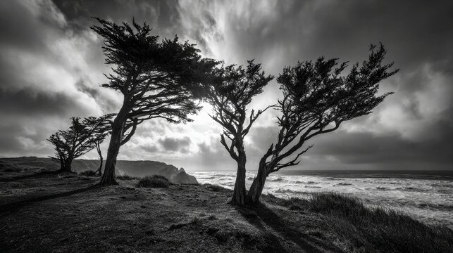 Gnarled and windswept cypress trees silhouetted against a dramatic coastal sky with crashing ocean waves below.