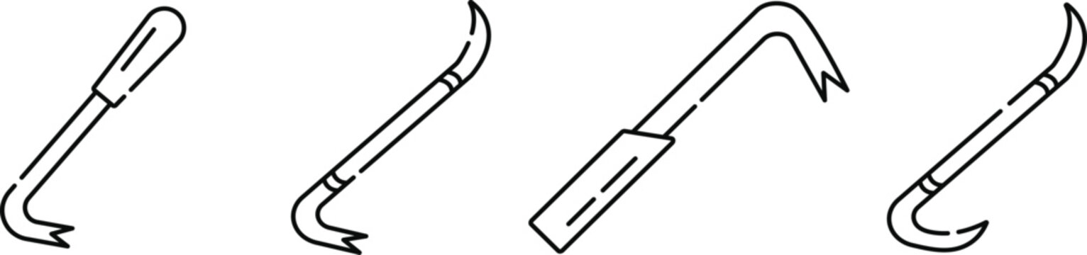 Crowbar Icons Set Vector Illustration, Pry Bar Demolition Tool and Construction Equipment Line Art Design