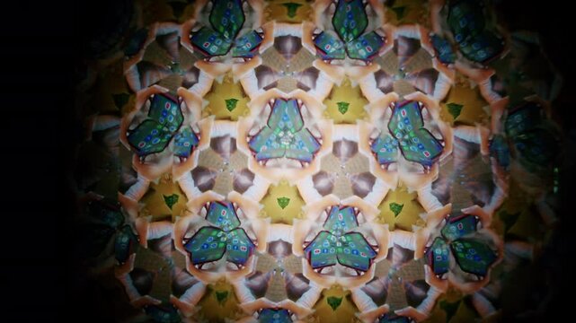 Abstract kaleidoscope visual formed by mirrored organic textures resembling shells or dried botanical elements, creating symmetrical geometric patterns