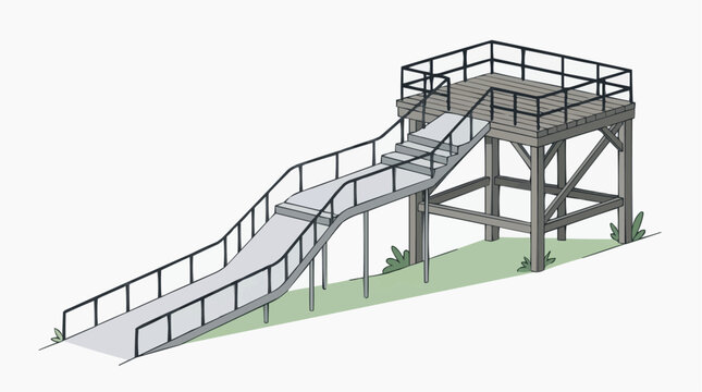 A ski jump ramp with a wooden platform