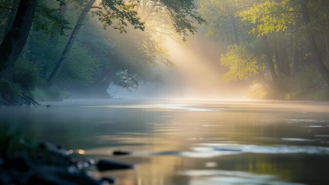 Peaceful river morning sunlight filtering through misty forest trees with tranquil nature scenery
