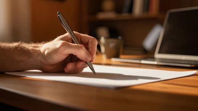 A person writing carefully on blank paper with a pen in warm sunlight on a wooden desk