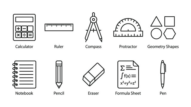 Back to School Essentials: A collection of essential school supplies arranged neatly, including a calculator, ruler, compass, protractor, geometry shapes, notebook, pencil, eraser, formula sheet.