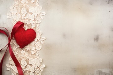 Red fabric heart resting on delicate lace with a flowing red ribbon