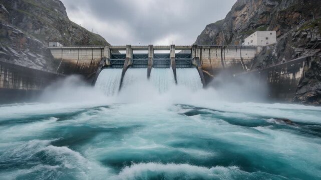 Powerful dam releasing torrents of water into a vibrant turquoise river in rugged mountain landscape
