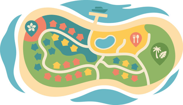 Island resort map displays tropical amenities and accommodation zones for vacation planning.
