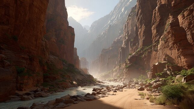 Majestic deep canyon carved by a powerful river over millennia with towering rock cliffs and a scenic riverbed under sunlight