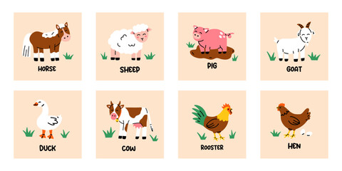 Fototapeta premium Vector set of cute farm animal square cards with horse, sheep, pig, goat, duck, cow, rooster and hen on peach background. Kids animal collection for children alphabet, flashcards and nursery decor.