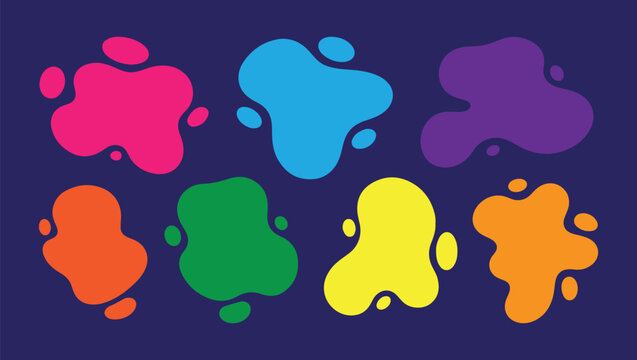 A collection of vibrant, colorful abstract organic liquid blob shapes and paint splats on a dark blue background.