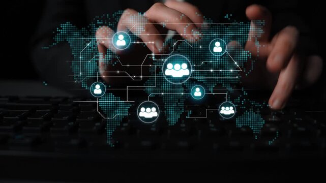 Hands Typing on Keyboard with Digital Interface Illustrating Global Communication and Networking Concepts in a Business Environment. Entropy.
