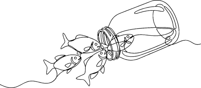 Illustration of fish escaping from tipped glass jar.