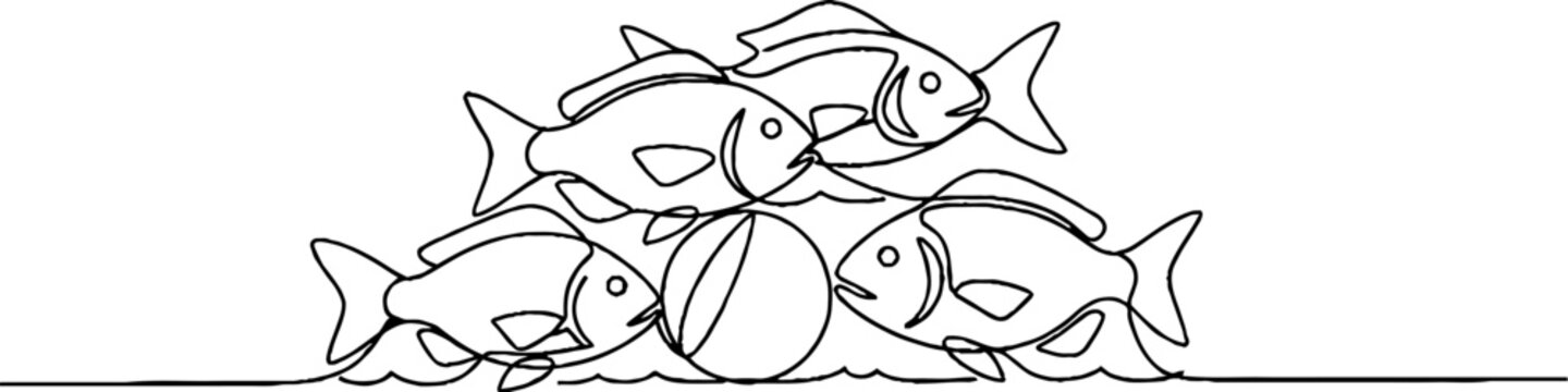 Playful cartoon fish school swimming together in harmony.