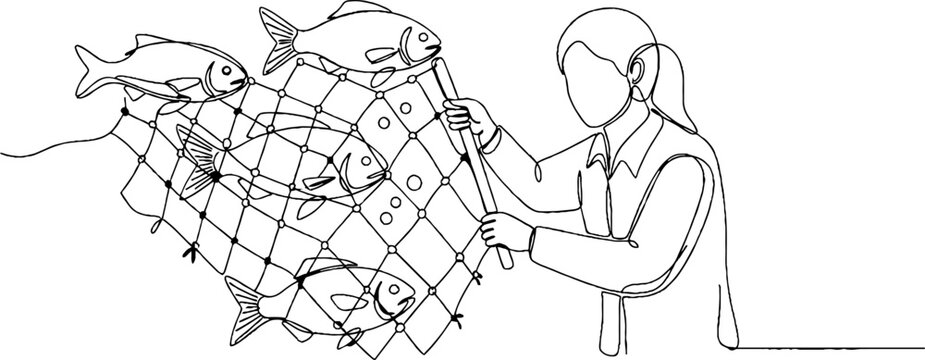 Illustration of person holding fishing net with fish.