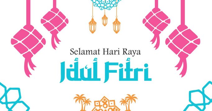 Animated text greeting 'selamat hari raya idul fitri' with Islamic decoration typical of the Middle East.