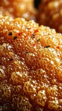 Close-up macro shot of a crispy fried cornbread with visible spices and texture, hinting at delicious flavor.