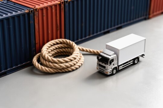 Toy truck tied to coiled rope beside stacked shipping containers as logistics concept