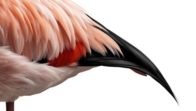 Close up of pink black flamingo wing isolated with white background