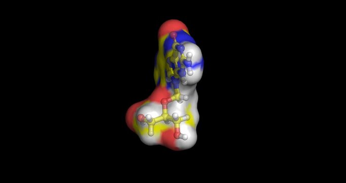 Ganciclovir, antiviral agent for cytomegalovirus infection, 3D molecule spinning, 4K