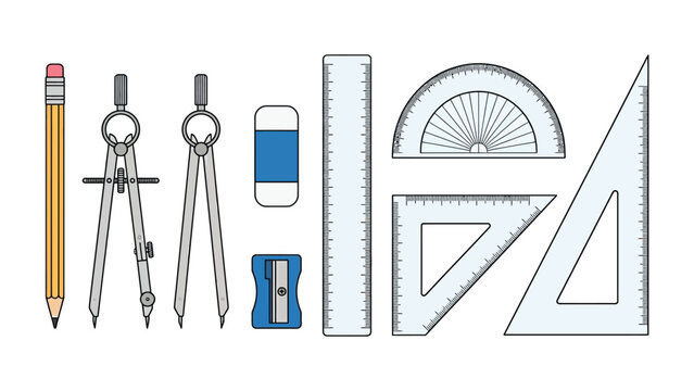 Geometric Tools Set: A comprehensive collection of drafting and drawing instruments, including a pencil, compass, ruler, protractor, and set squares, arranged neatly for precision work.