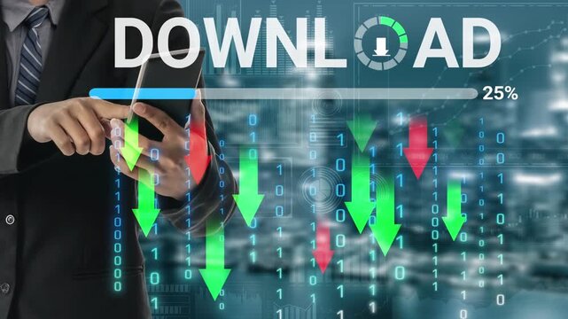 Businessman Holding Smartphone with Download Progress Bar and Binary Code in Digital Background for Technology and Finance Themes. Entropy.