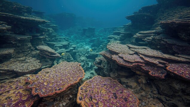 Layers of microbialite stromatolites rendered in bright colors within an abstract vibrant underwater setting