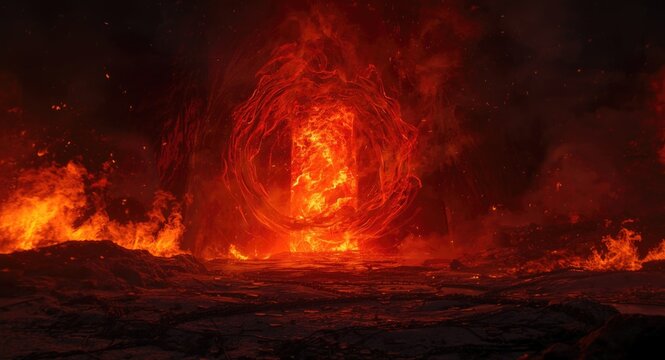 Fiery gateway to the nether realm with glowing portal