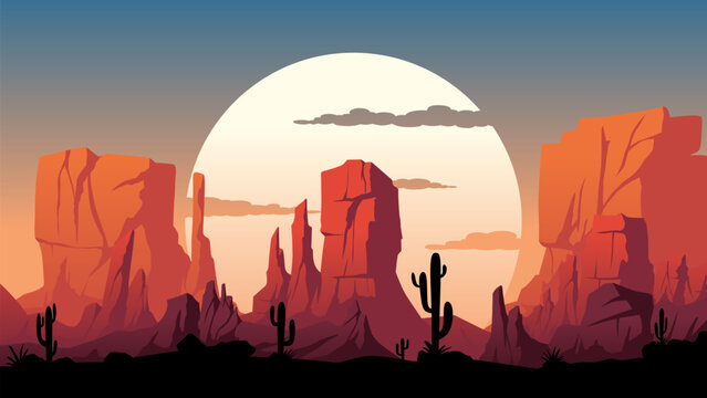 Desert landscape illustration with cacti and buttes rock formations