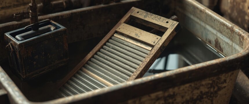 Retro laundry tools including soap washboard and vintage washing trough with water