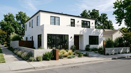 Fototapeta premium Modern White Rectangular House with Black Trim and Landscaping