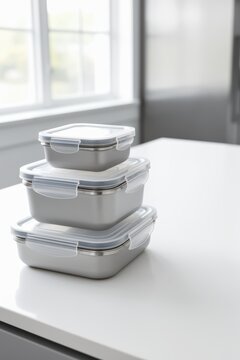 Container mockup stacked stainless steel with clear locking lids on white counter