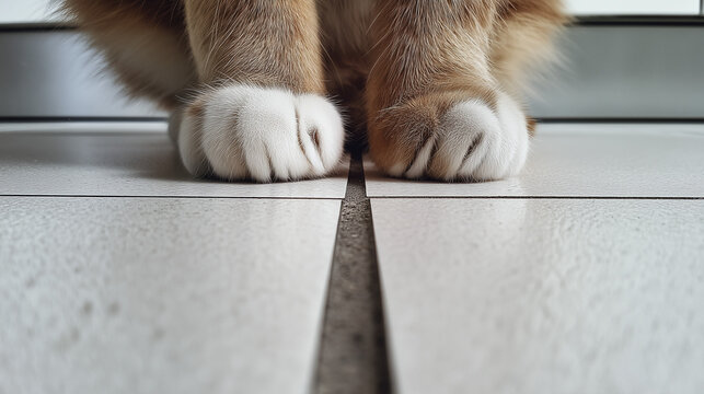 Ai Cat paws resting on floor tiles near a seam with a soft focus capturing their texture and positioning in the room