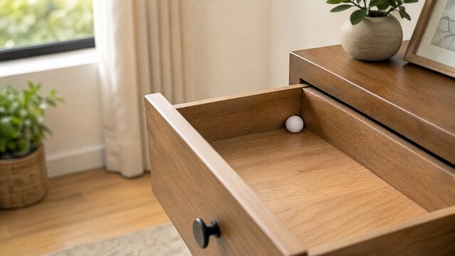 White camphor ball in open wooden drawer, home freshness and order concept.