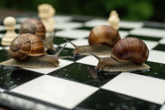 Snails on chessboard moving across checkered squares with chess pieces