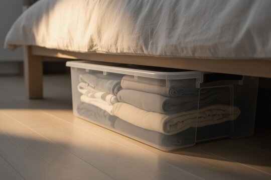 Underbed storage box mockup with folded linens under a bed in warm light