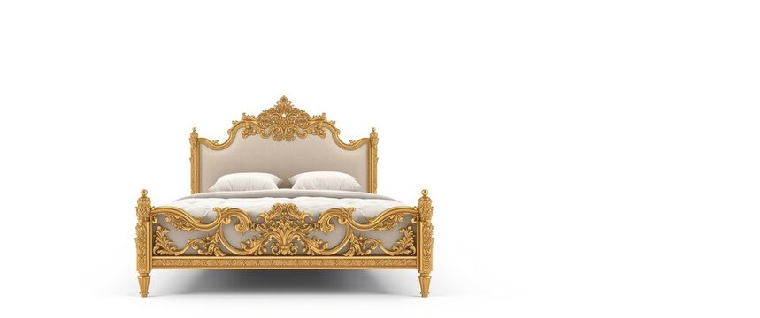 Ornate golden bed showcased alone with a white background