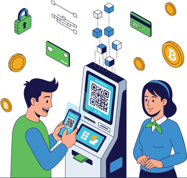 Isometric illustration of people using QR code payment at an ATM with digital currency icons, suitable for finance, technology and business.