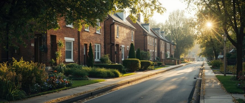 Sunlit row of brick homes showcasing garden spaces behind and a quiet road ahead