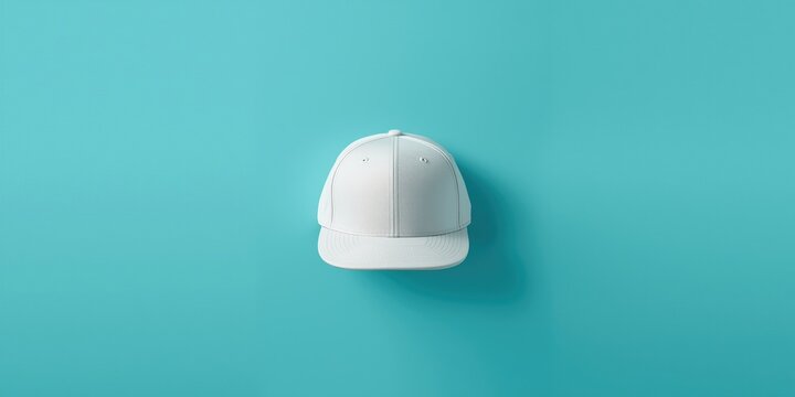 Minimalist composition featuring white snapback cap on bright turquoise background