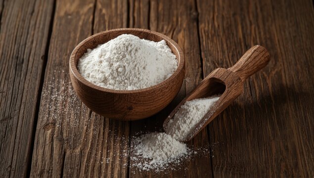 Wooden bowl and scoop filled with calcium hydroxide powder laid on traditional rustic wood background