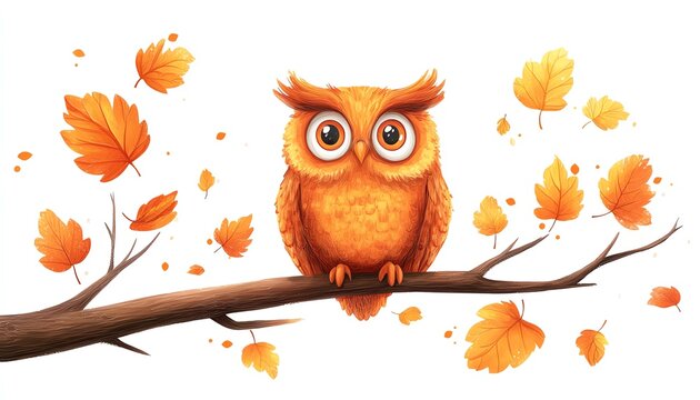 A cartoon owl perched on a branch with falling leaves isolate white background