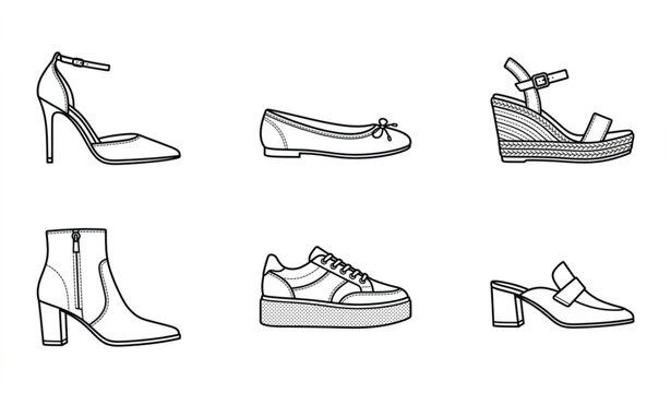 Women Luxury Fashion Shoes and High Heels Line Art Vector Icons
