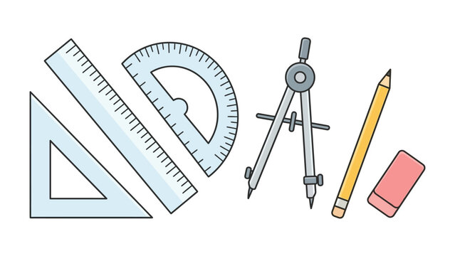 Geometry Tools: A collection of drafting instruments, including a ruler, protractor, compass, pencil, and eraser, laid out for precision drawing and measurement.