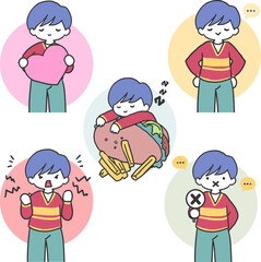 Naklejka premium Kids Emotional Expressions Set Boy Cartoon Pose. Perfect for emotional learning, children education, storytelling, posters, character design, and behavior teaching materials.