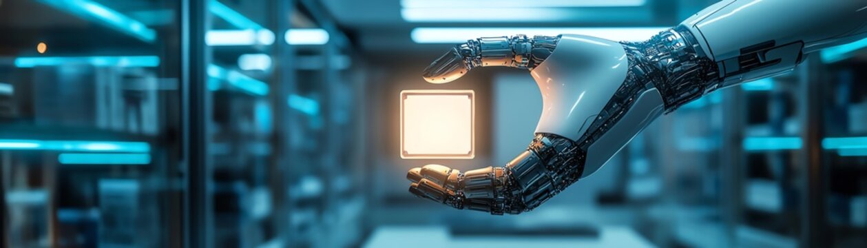 A robotic arm holding a glowing futuristic cube, in a hightech lab setting with blue LED lighting and metallic textures