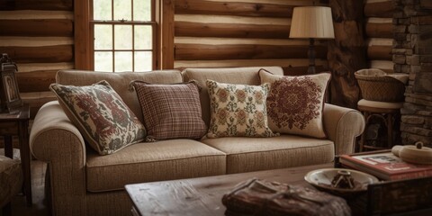 Obraz premium Interior shot of a cozy farmhouse living room in a log cabin featuring a fabric sofa and decorative cushions